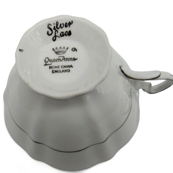 QUEEN ANNE Silver Lace Wedding Anniversary Cup And Saucer England Leaf Design - Picture 9 of 12